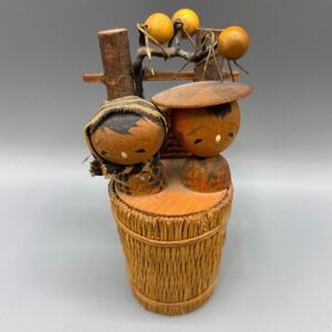 Vintage Japanese‎ Kokeshi Wooden Doll Figurine Diorama Display Barrel